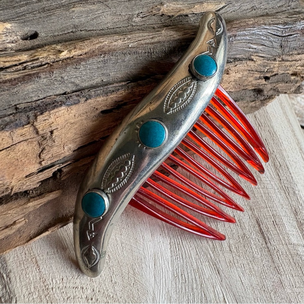 Vintage Navajo Sterling Silver & Turquoise Hair Comb - Picture 3 of 9